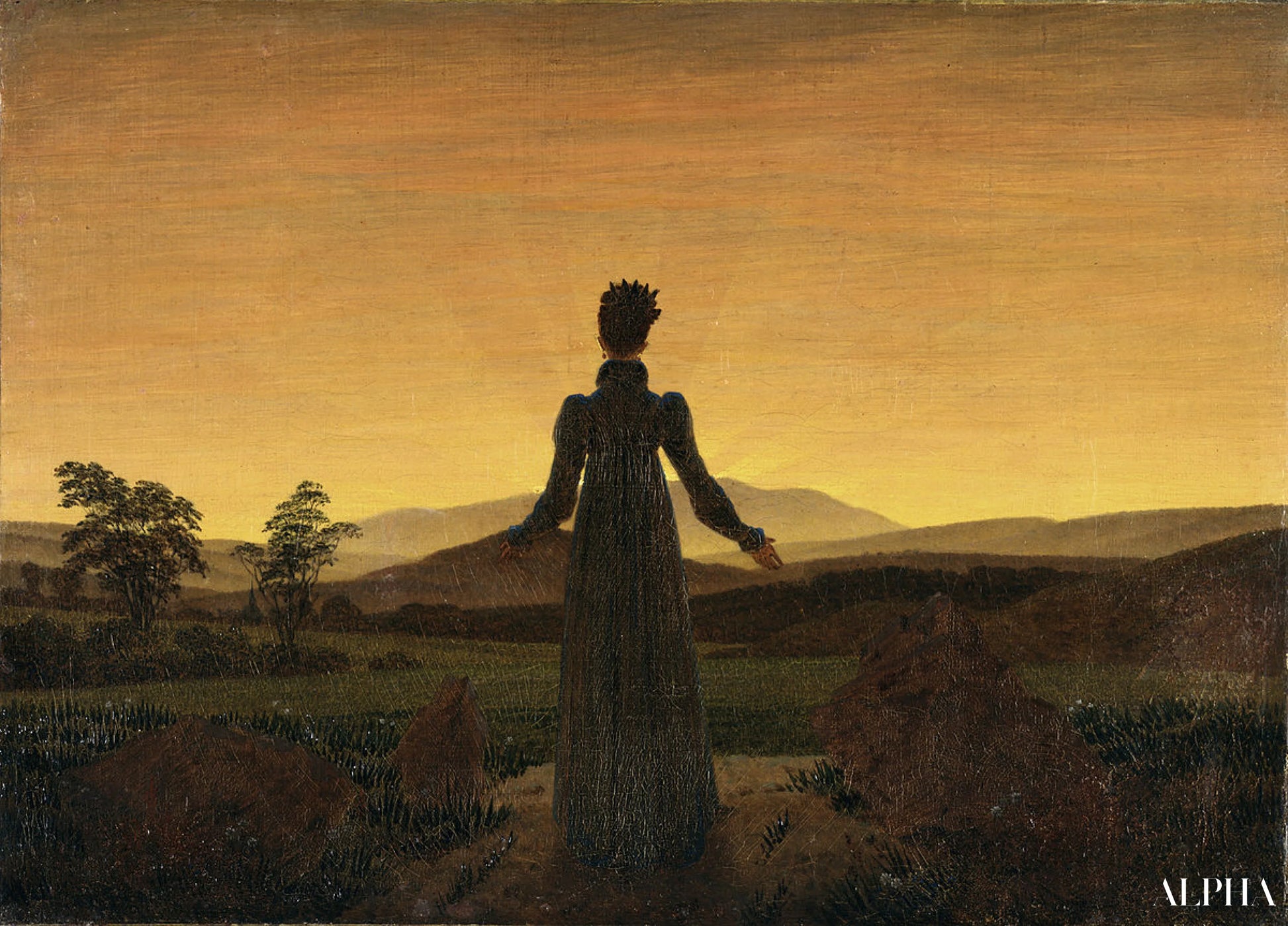 Reproduction du tableau « Femme devant le coucher de soleil - Caspar David Friedrich » par Alpha Reproduction en peinture à l’huile
