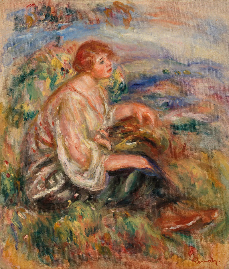 Woman in a tulle blouse and black skirt in a landscape - Pierre-Auguste Renoir