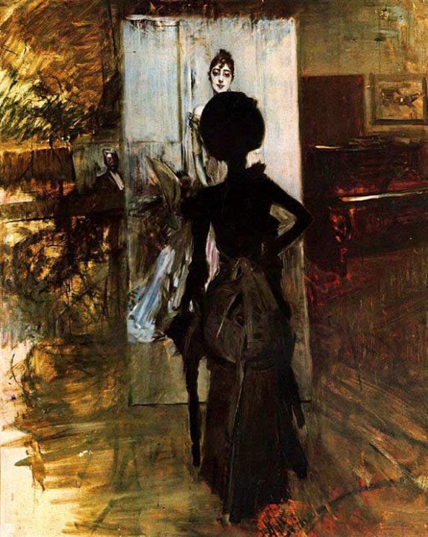 Woman in black observing the « White Pastel » - Giovanni Boldini