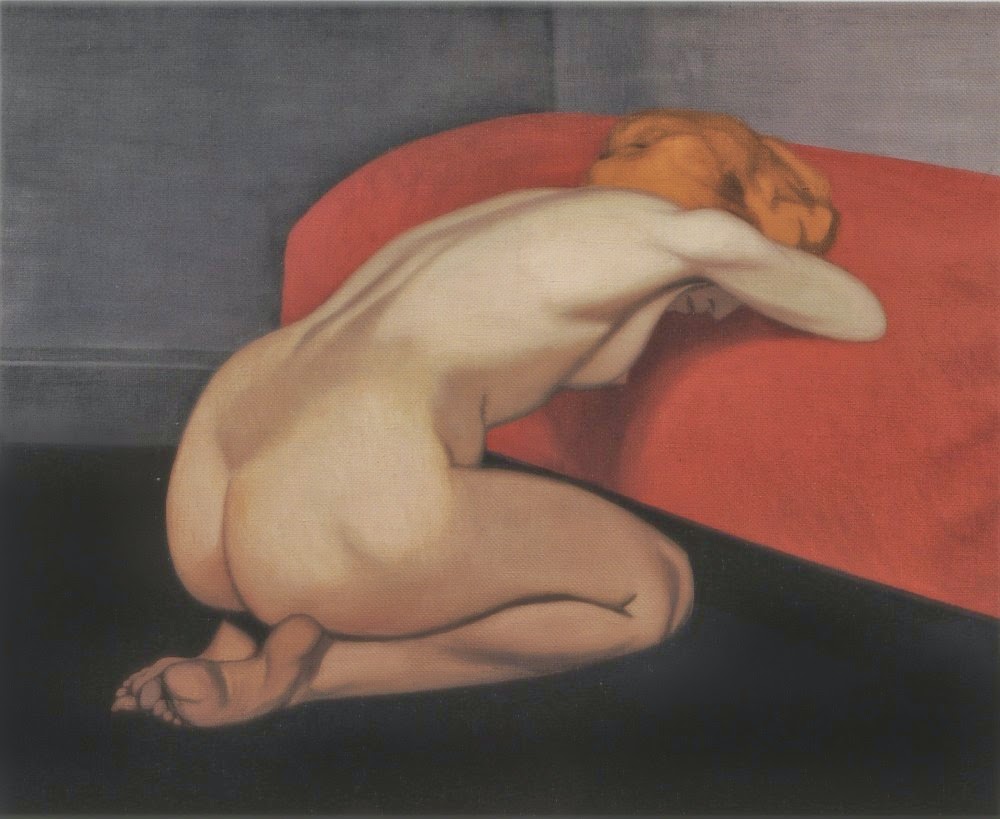Nude woman kneeling in front of a red sofa - Félix Vallotton
