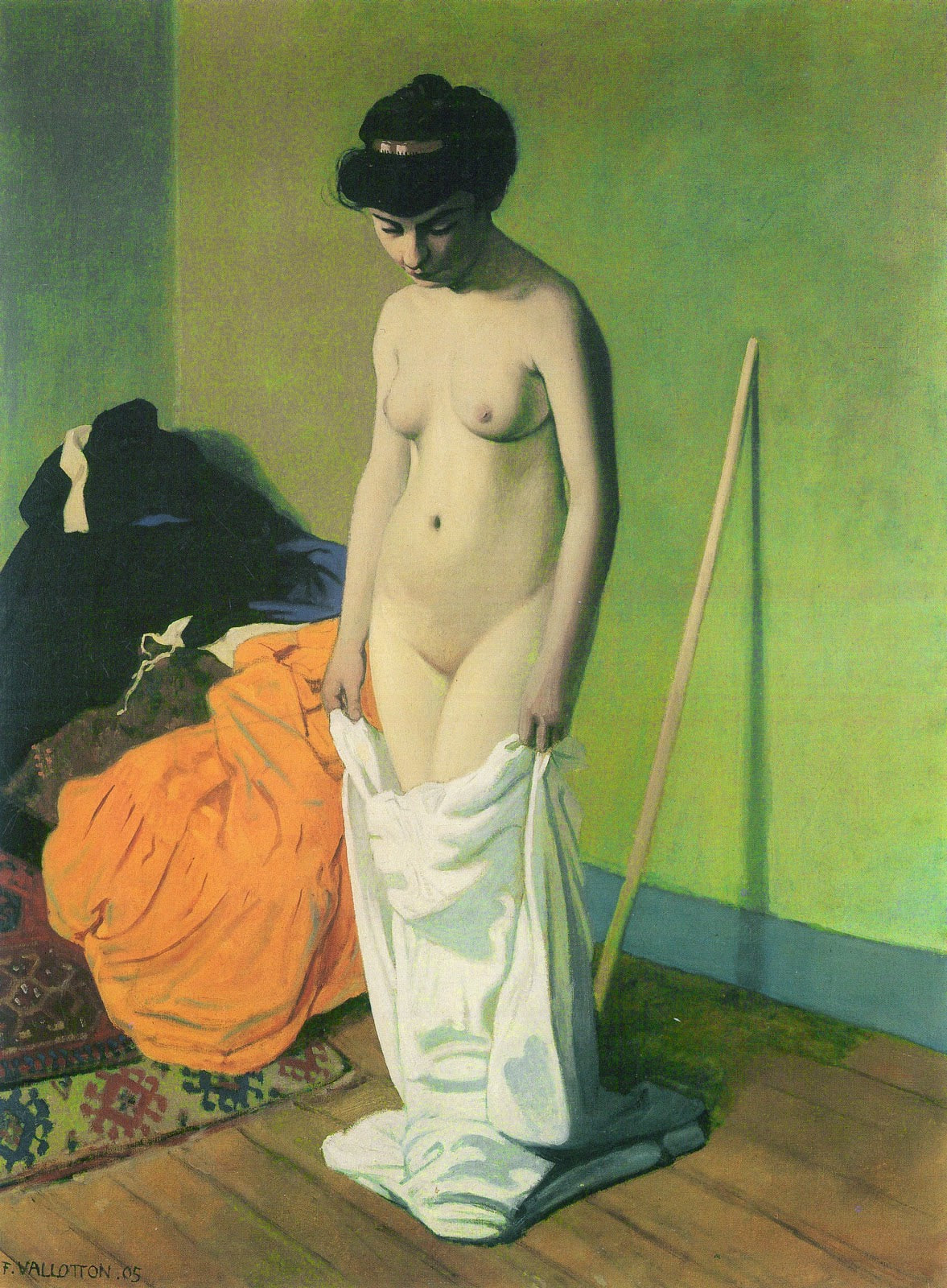 Nude woman standing holding her shirt with both hands - Félix Vallotton