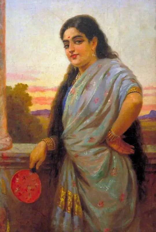 Woman holding a fan - Ravi Varmâ