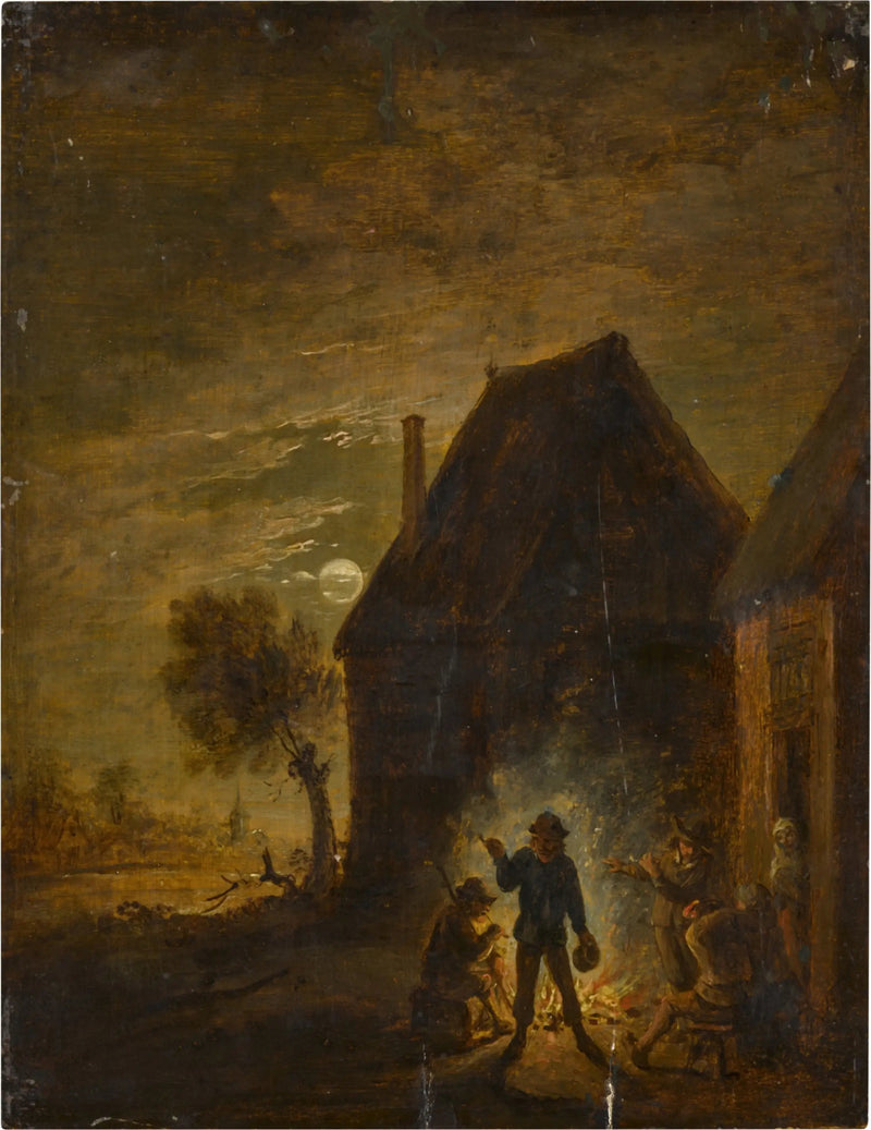 Farm under the moonlight with characters around a fire - David Teniers the Younger