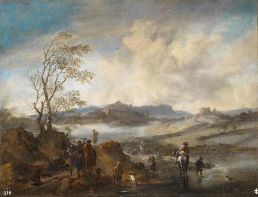 Fête Hawking au bord d'une rivière - Philips Wouwerman