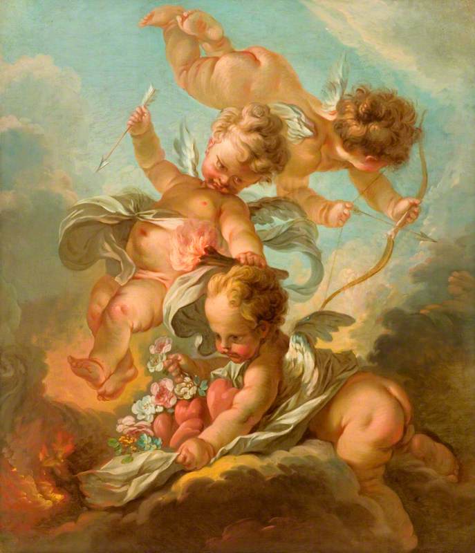 Fire: Trois putti tenant un arc et une flèche, une torche allumée et un manteau contenant des cœurs et des fleurs - François Boucher