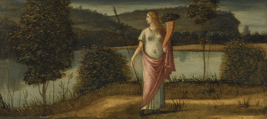 Allegorical figure of a woman in a landscape holding a spear and a cornucopia - Vittore Carpaccio