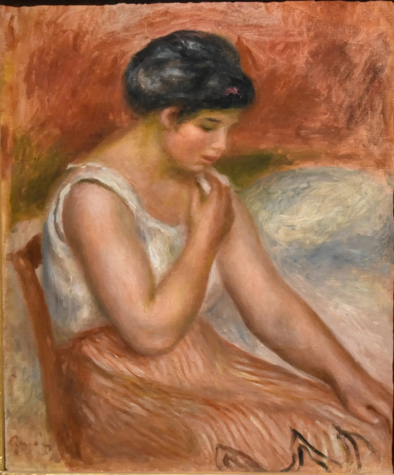 Girl Sitting in Striped Skirt - Pierre-Auguste Renoir