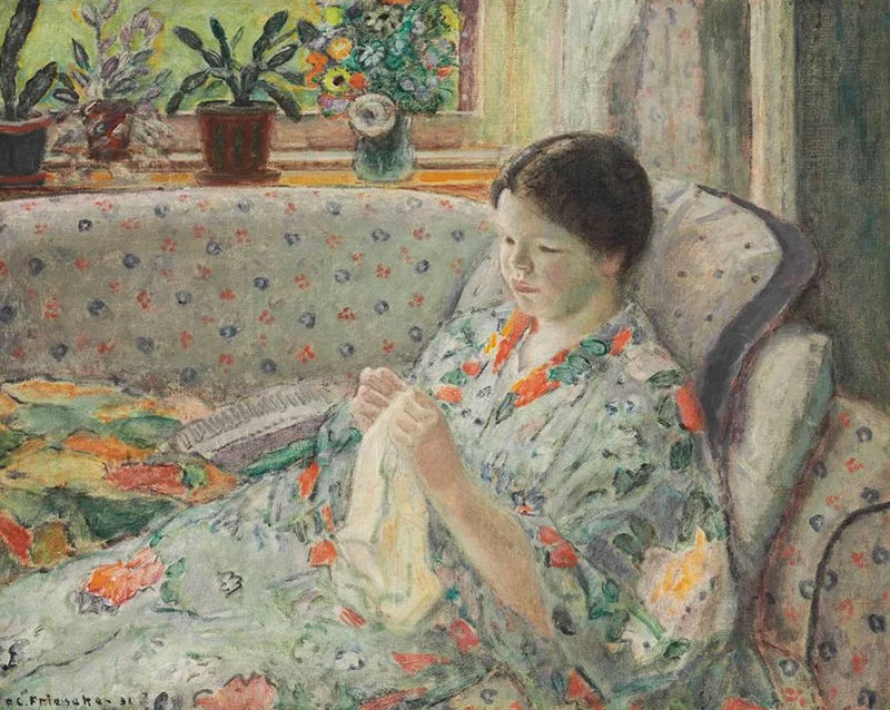 Girl sewing (the Chinese dress) - Frederick Carl Frieseke