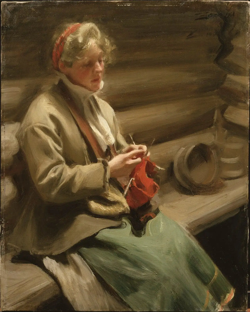 Dalecarlian girl knitting. Margit with cabbage - Anders Zorn