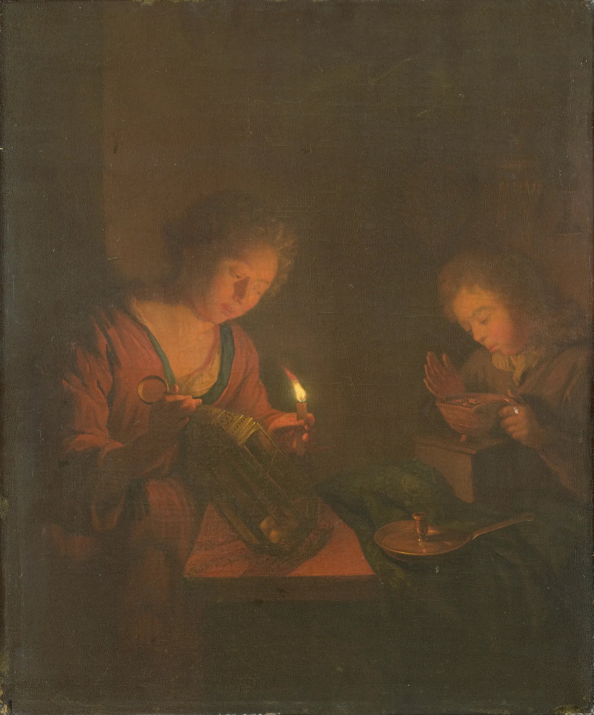 Une fille place une bougie dans une lanterne et un garçon effectue un test d'incendie pour un poêle - Godfried Schalken
