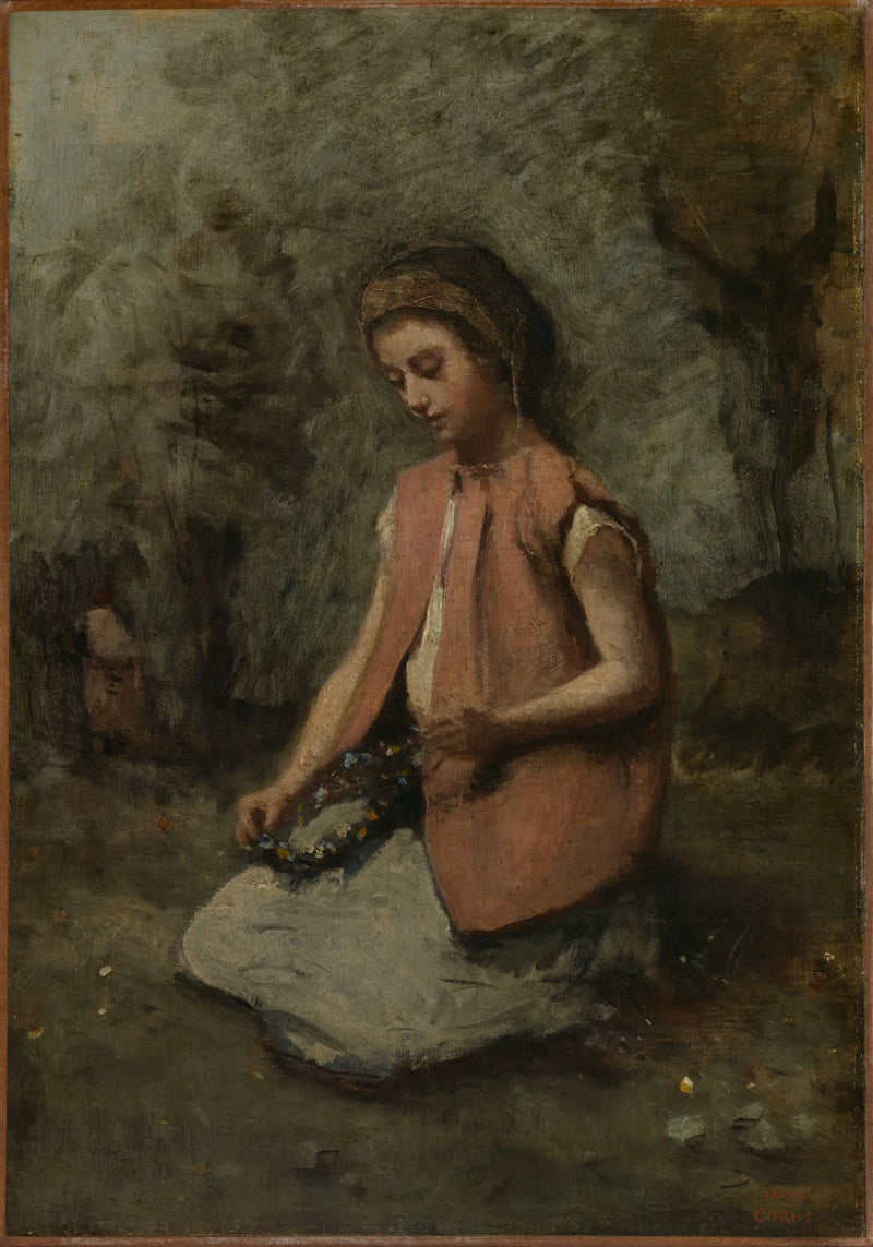 Girl weaving a garland - Jean-Baptiste Camille Corot