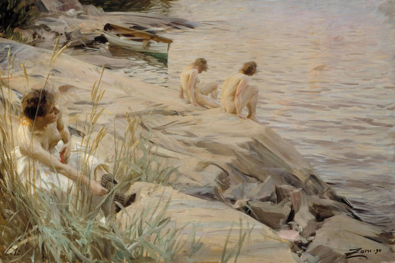 Girls bathing outdoors; Girls bathing outside; Exterior - Anders Zorn