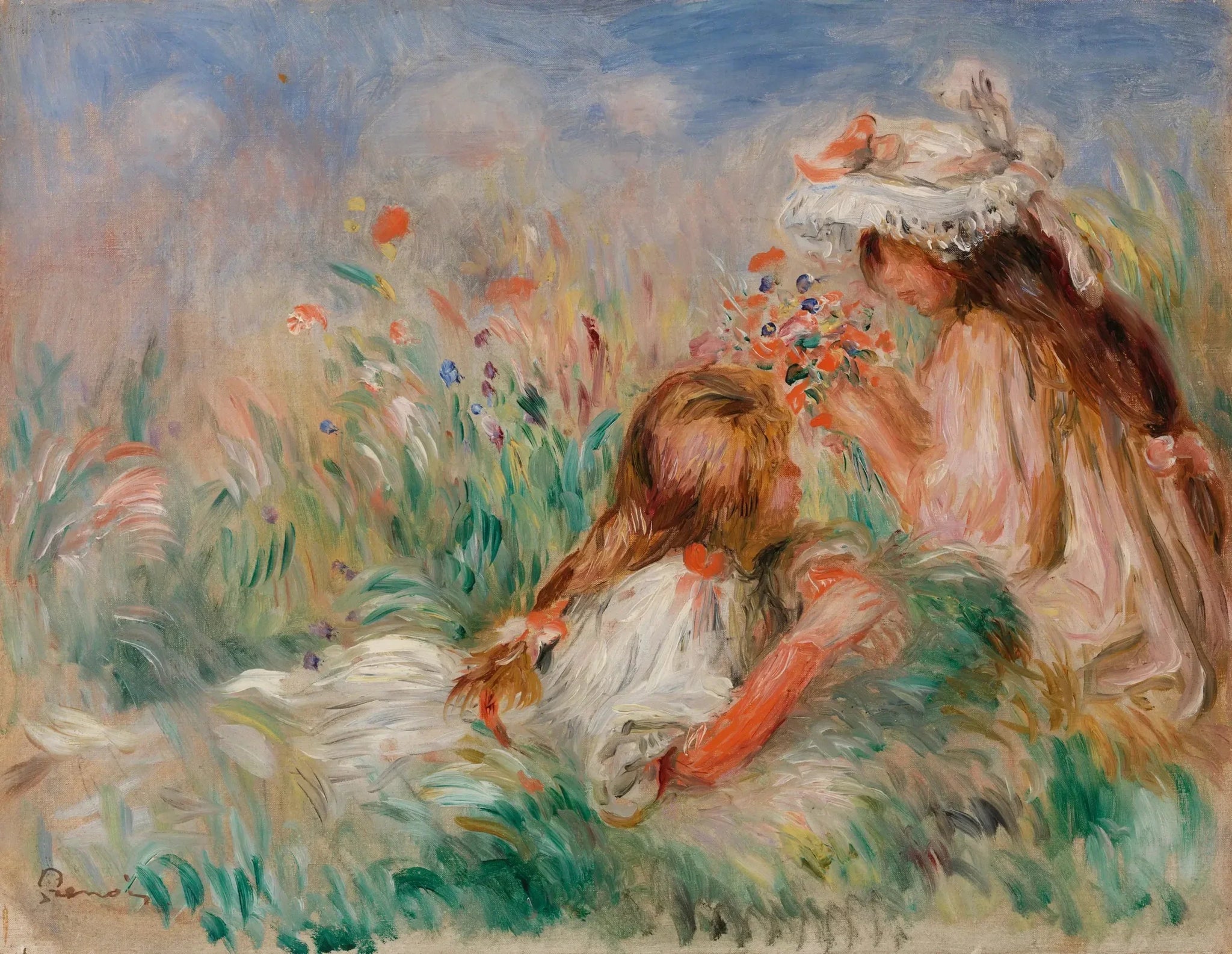 Fillette couchée sur l'herbe et jeune fille arrangeant un bouquet - Pierre-Auguste Renoir image 1 tableau peint à l’huile sur toile