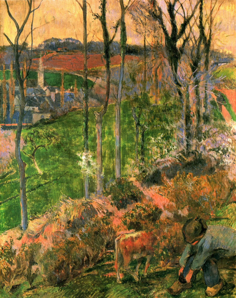 End of Winter in Pont-Aven, Breton and Calf; or Little Breton Arranging His Clog - Paul Gauguin