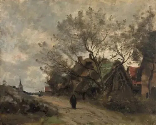Flesselles. Cottages seen through trees by the side of a road - Jean-Baptiste Camille Corot
