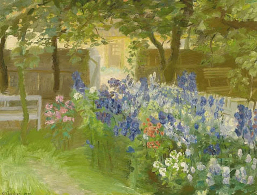 Flowers in Brøndum's garden, view towards "Rullestuen". -Anna Ancher