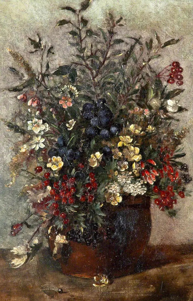 Wildflowers and berries in a brown pot - John Constable