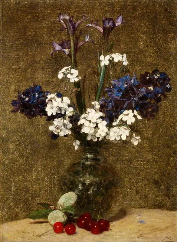 Flowers: Iris and Hyacinths, with cherries and almonds on the table - Henri Fantin-Latour
