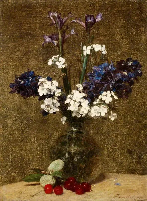 Flowers: Iris and Hyacinths, with cherries and almonds on the table - Henri Fantin-Latour