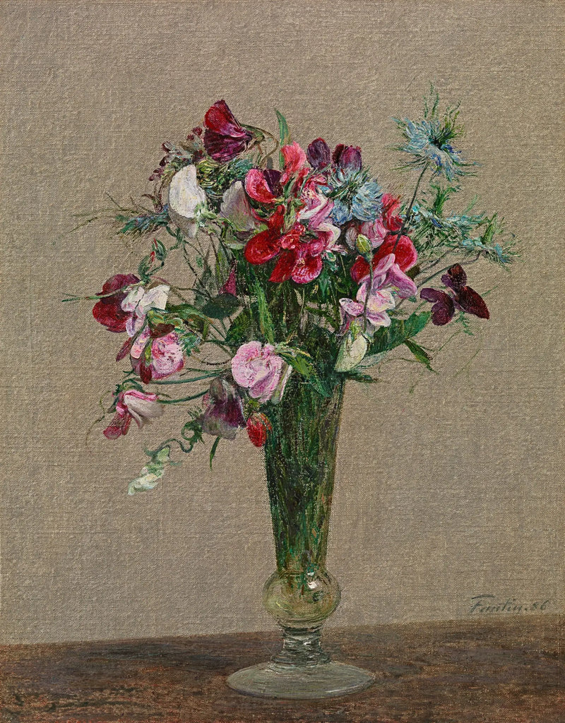 Flowers, sweet peas, and nigellas in a small vase - Henri Fantin-Latour