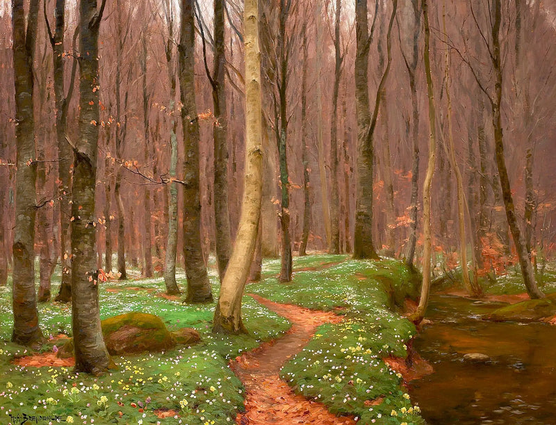 Beech Forest with Blooming Anemones and a Small Stream - H. A. Brendekilde