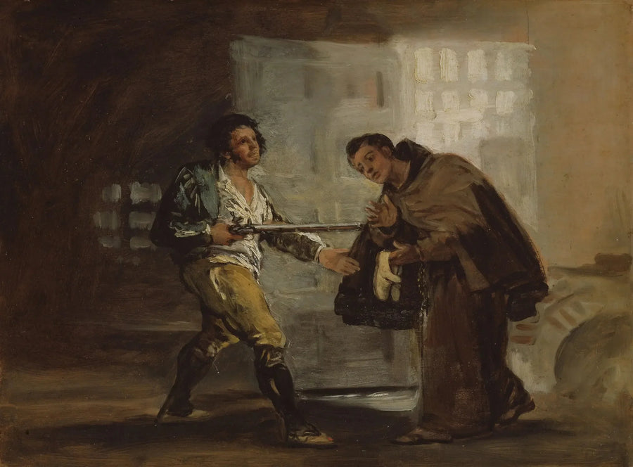 Brother Pedro offers shoes to El Maragato and prepares to put aside his weapon - Francisco de Goya