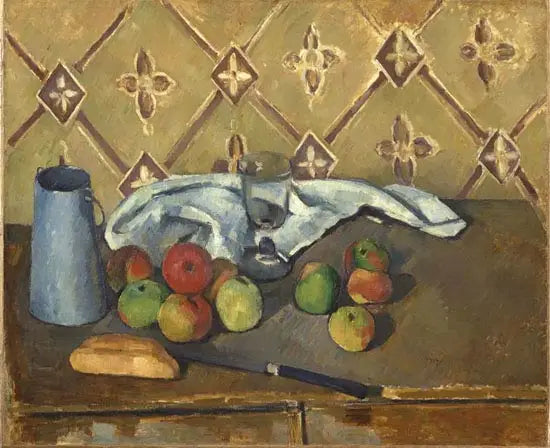 Fruits, towel and milk box - Paul Cézanne