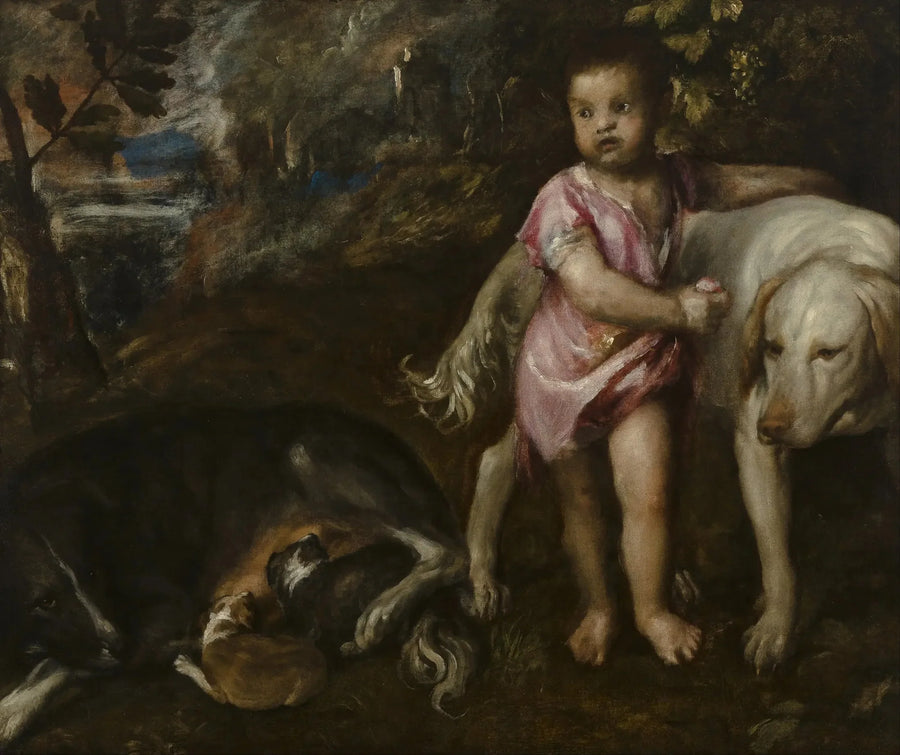 Boy with Dogs in a Landscape - Titian