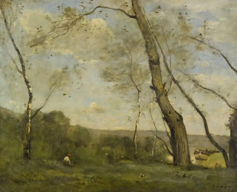 Large trees dominating the riverbank - Jean-Baptiste Camille Corot