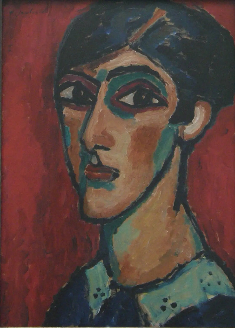 Large woman's head on red - Alexej von Jawlensky