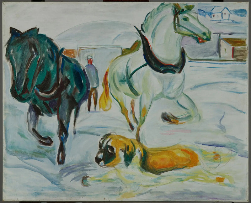 Group of Horses and Saint Bernard in the Snow - Edvard Munch