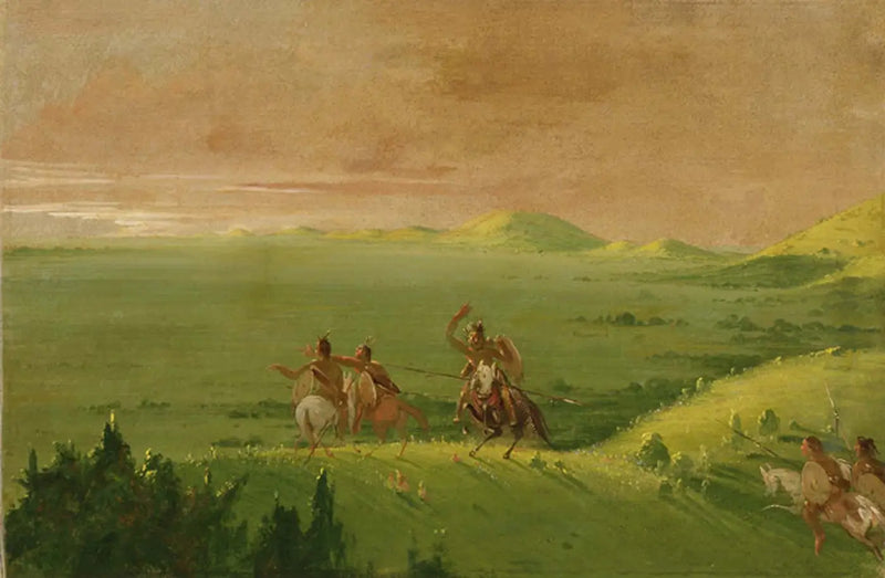Comanche War Group, the chief discovers the enemy and exhorts his men at sunrise - George Catlin