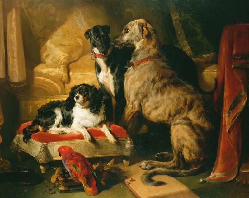 Hector, Nero et Dash with the parrot, Lory - Edwin Henry Landseer