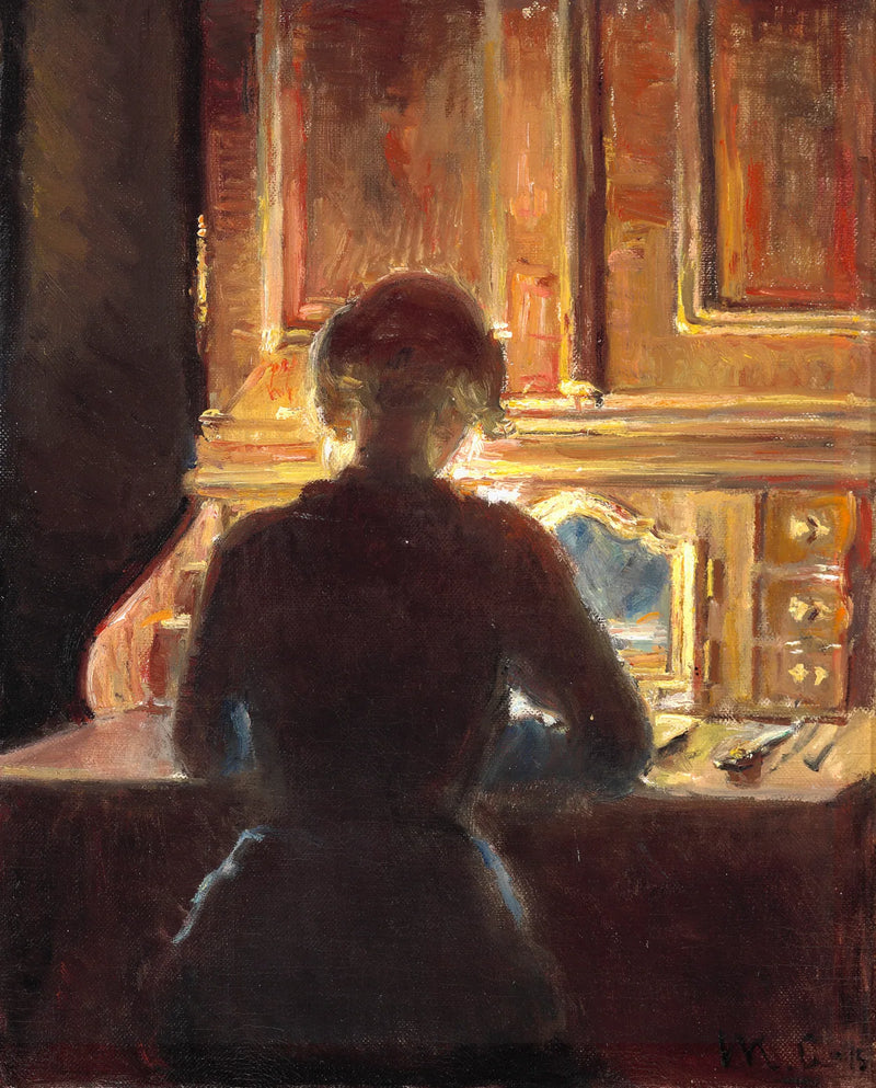 Helga sitting in Michael Ancher's studio in his Ortmann rococo walnut office in Markvej. -Michael Peter Ancher