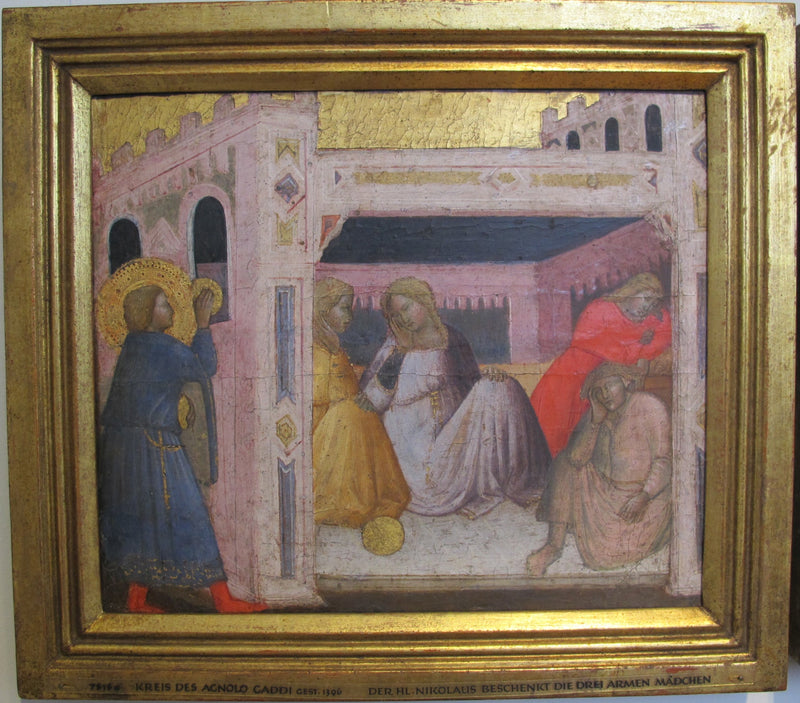 Stories of Saint Nicholas. Saint Nicholas offers gifts to three girls from the pool. - Agnolo Gaddi