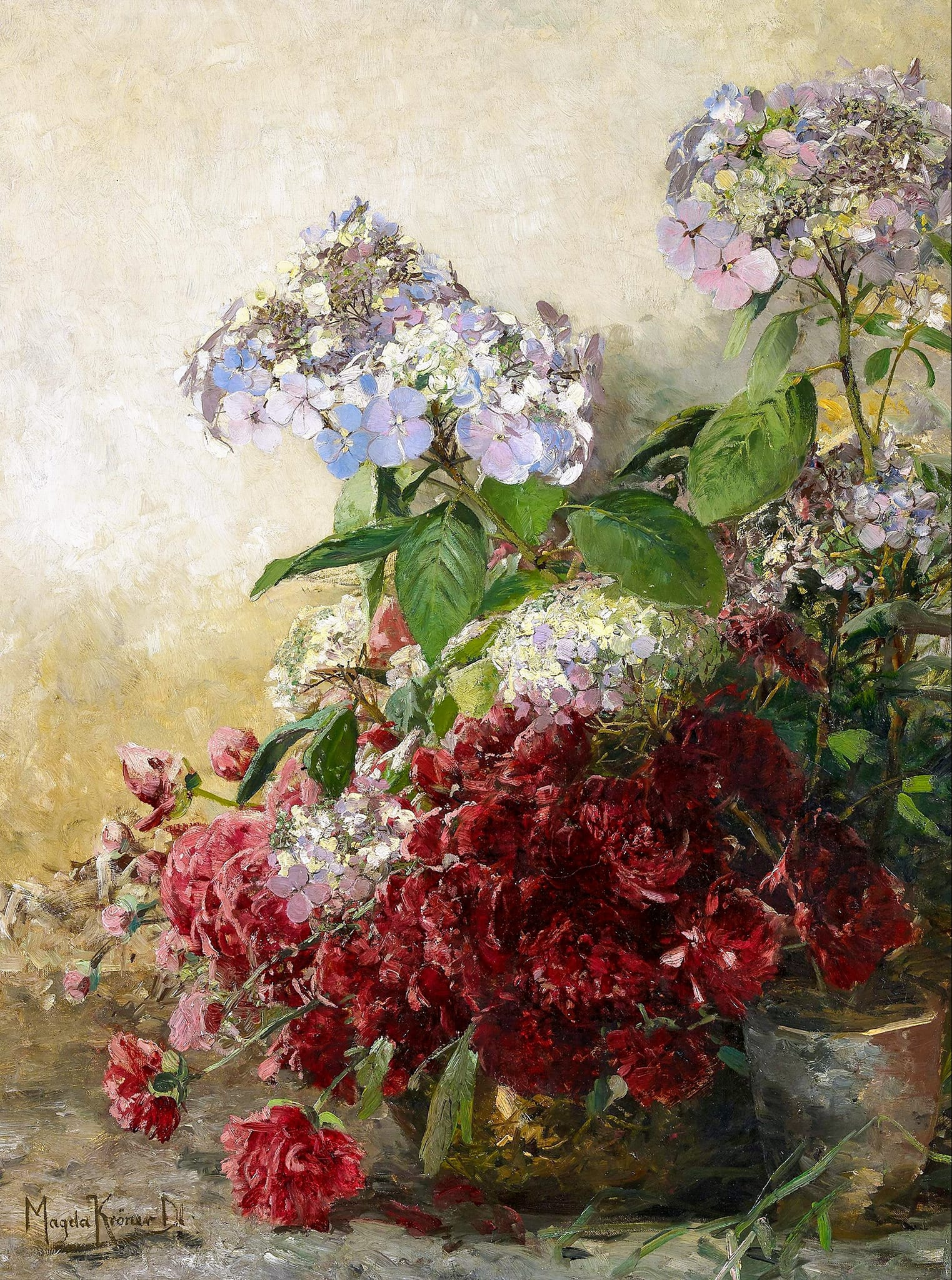 Hortensias et pivoines par Magda Kröner, peinture de pivoines