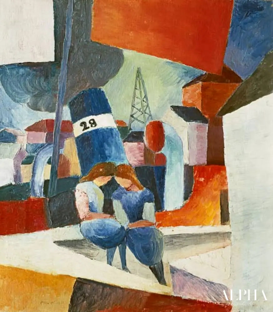 Image portuaire avec des enfants sur le mur (Duisbourg) - August Macke - Reproductions de tableaux et peintures haut de gamme