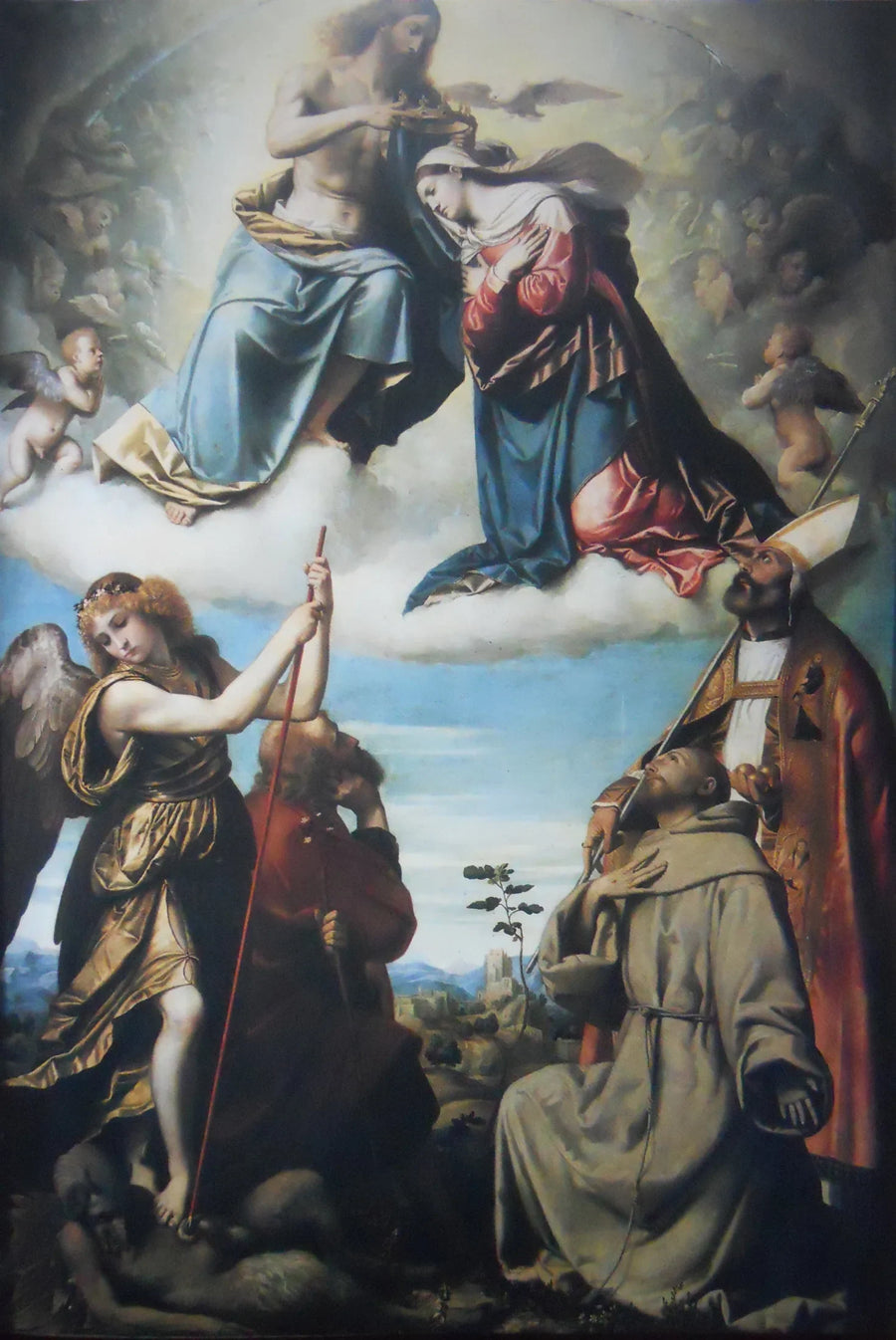 Coronation of the Virgin with Saints Michael the Archangel, Joseph, Francis of Assisi, and Nicholas of Bari - Alessandro Bonvicino