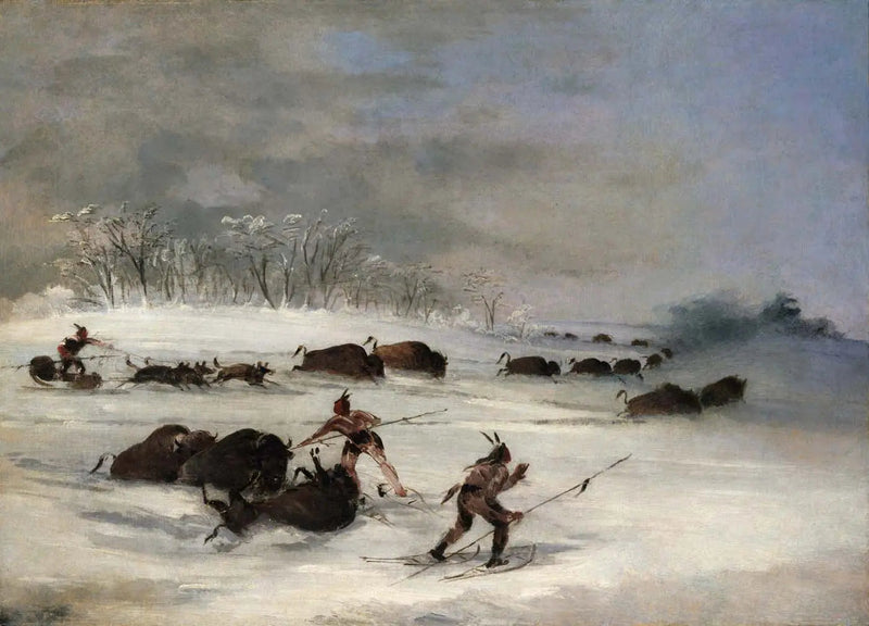 Sioux Indians in snowshoes launching bison - George Catlin