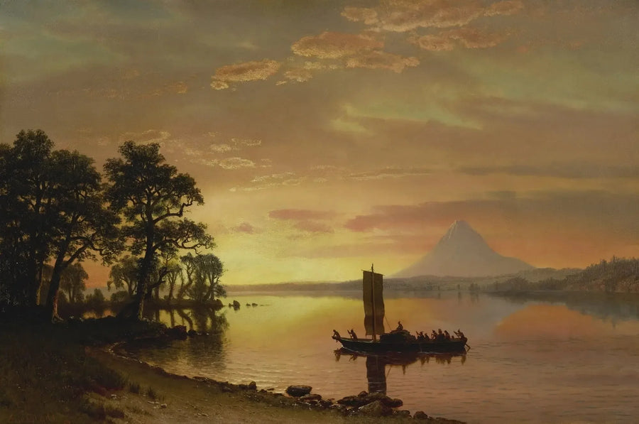 Native Americans crossing the Columbia River [with Mount Hood in the distance] - Albert Bierstadt