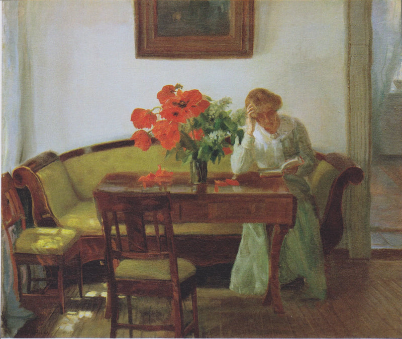 Interior with poppies and a woman reading (Lizzy Hohlenberg) - Anna Ancher