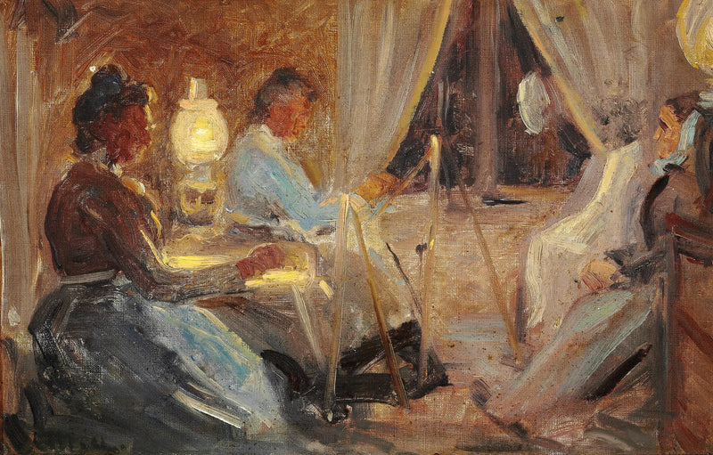 Interior with two women painting a portrait of Mrs. Ane Brøndum. - Michael Peter Ancher