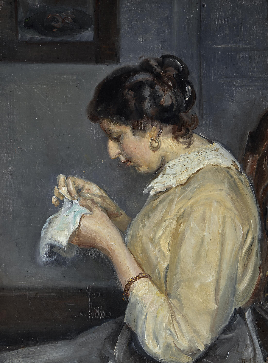 Interior with Henny Brodersen doing embroidery. - Michael Peter Ancher