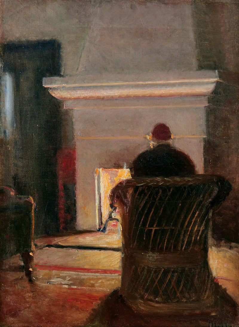 Interior with Holger Drachmann by the fireplace at Villa Pax, Skagen. - Michael Peter Ancher