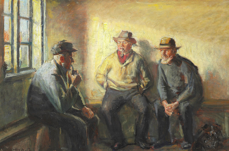 Interior with three fishermen. - Michael Peter Ancher