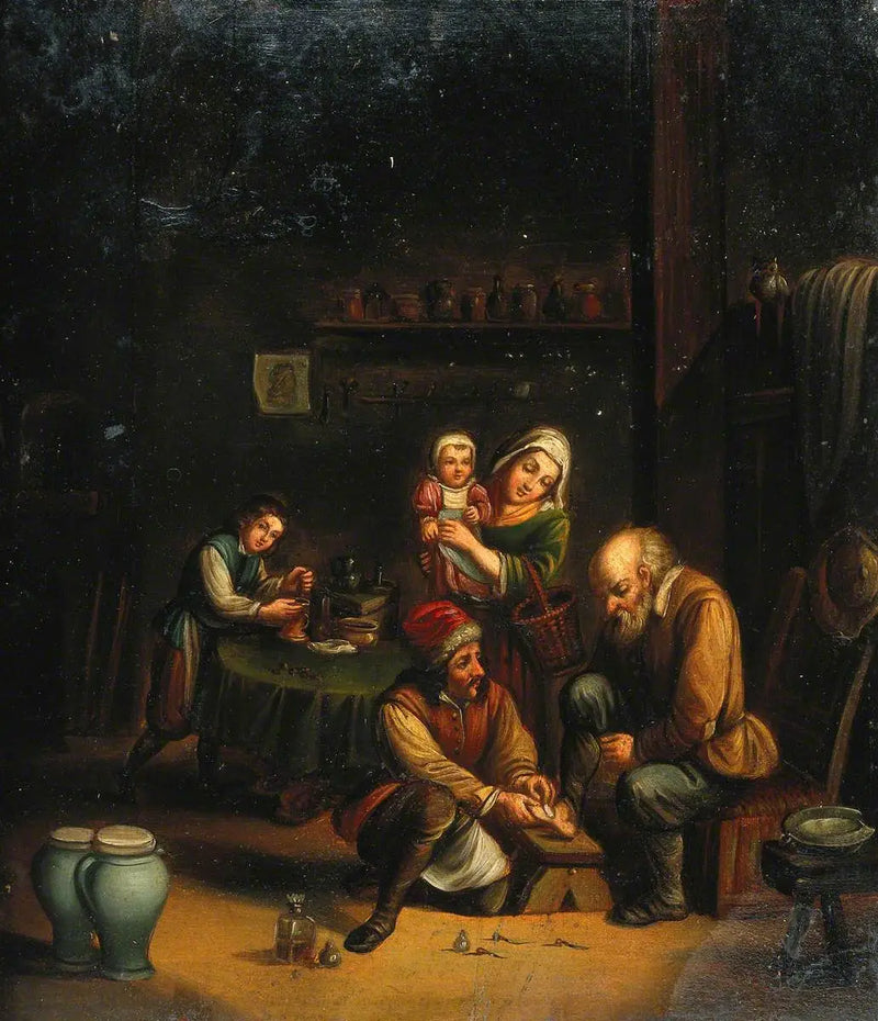 Interior with a surgeon treating a man's foot and three other characters - David Teniers the Younger