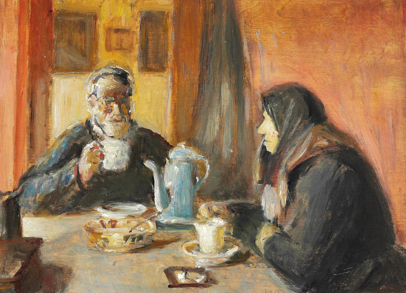 Interior shot of an elderly couple drinking coffee. - Michael Peter Ancher