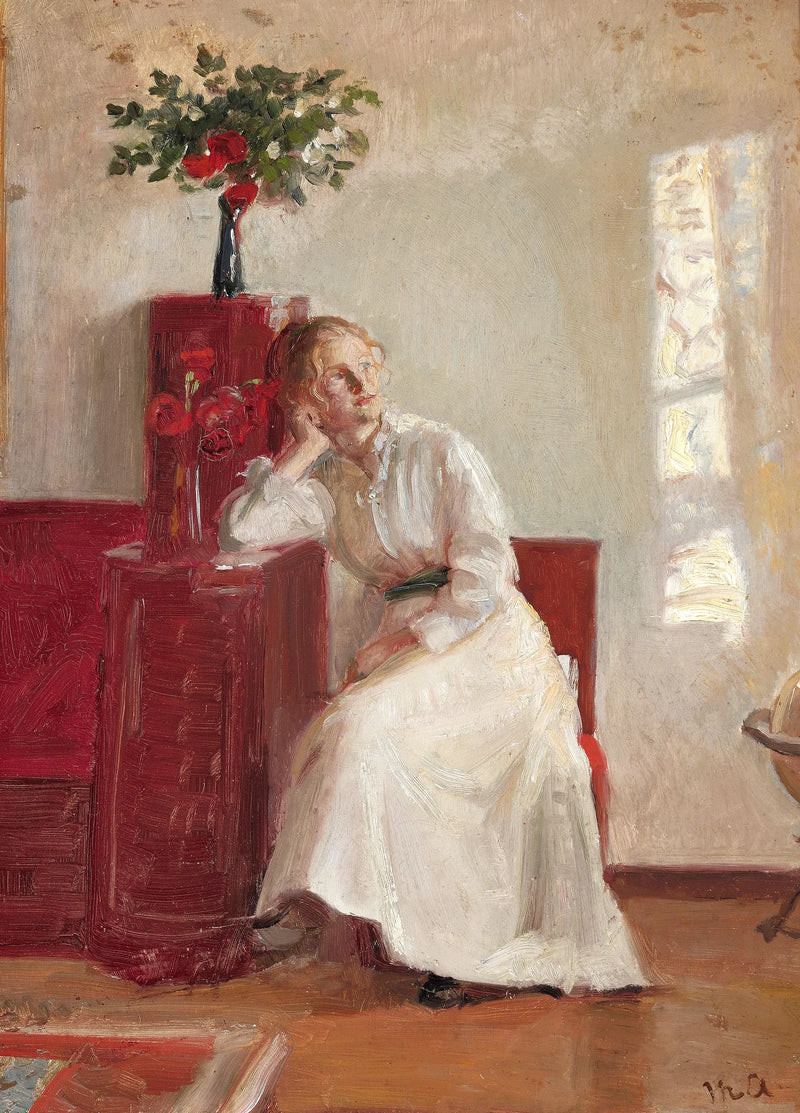 Interior with a young woman sitting on a chair. - Michael Peter Ancher