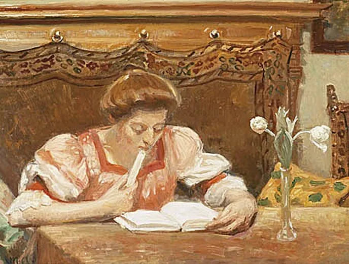 Interior shot of a young woman reading. - Michael Peter Ancher