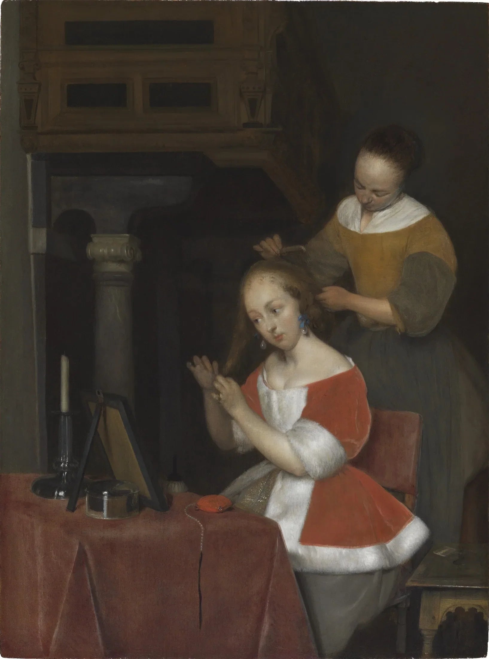 Intérieur avec une jeune femme et sa servante qui la coiffe. - Gerard ter Borch image 1 reproduction réalisée par Alpha Reproduction